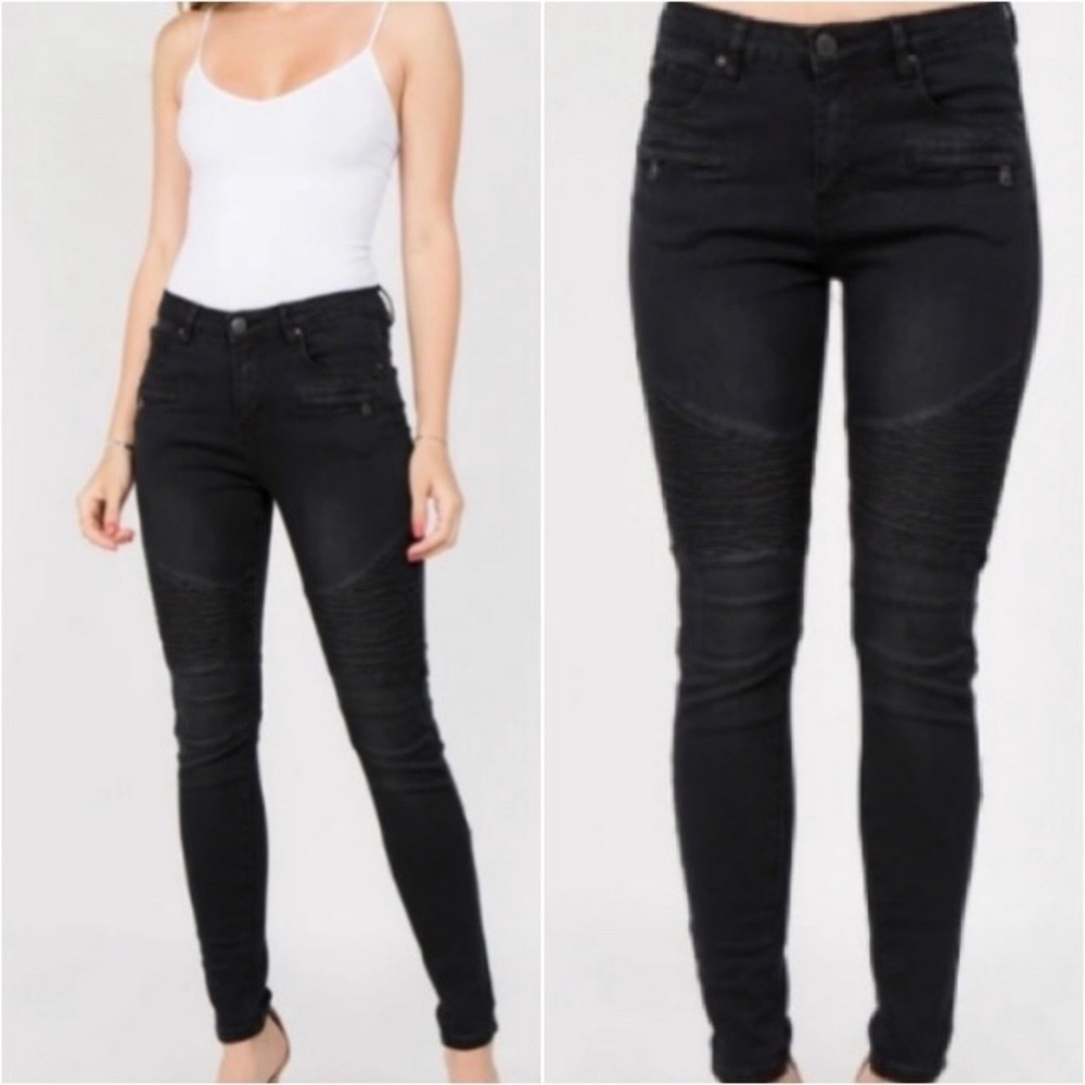 American Bazi Black Moto Mid Rise Scrunch Leg Soft Skinny Jeans Junior’s Size 3
